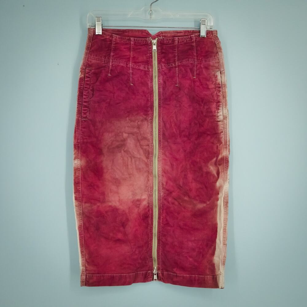 Free People Size 27 Want It All Tye Dyed Pink Zipper Midi Length Corduroy Skirt
